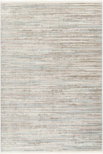 Close-up of the Beyla Area Rug featuring a contemporary stripe design in cloud gray, brown, and light blue hues. Design-Rectangle-537