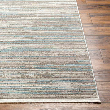 Close up of Beyla Area Rug showing cloud gray, gray, and light blue horizontal stripes on dark wood floor. Front