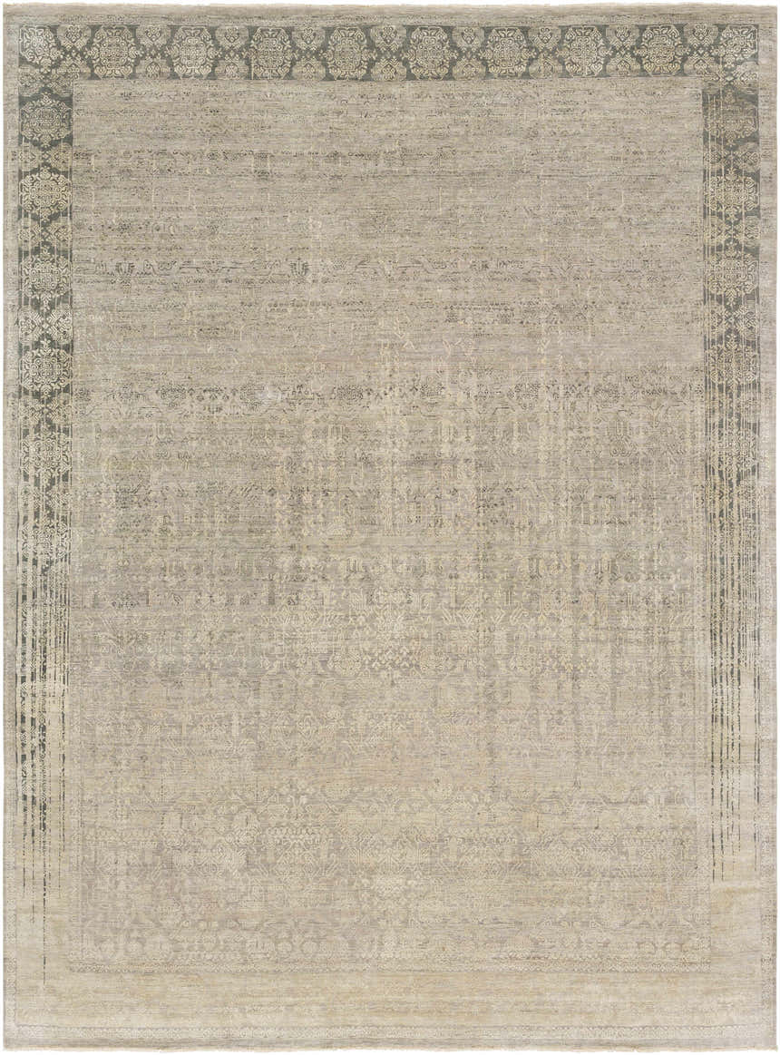 Close-up of the hand-knotted Petra 2x3 Carpet. Features dark brown, light gray, and taupe tones with a contemporary design. Design-Rectangle-810