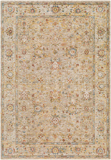 Close-up of the Duong Beige Textured Rug, a machine-woven rug with a traditional floral pattern in beige, red, blue, and yellow. Design-Rectangle-6796