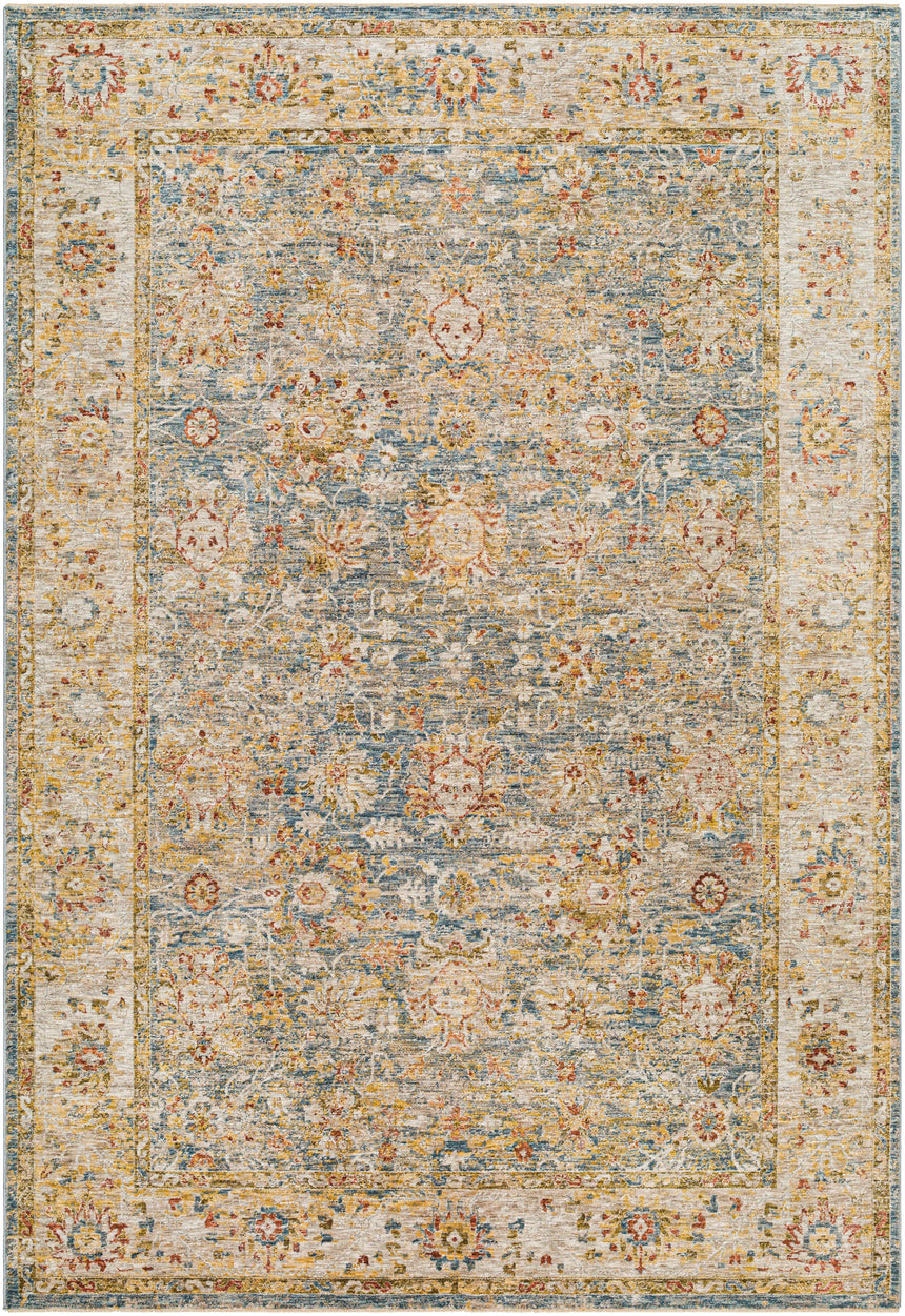 Duong Beige & Blue Textured Rug with Fringes
