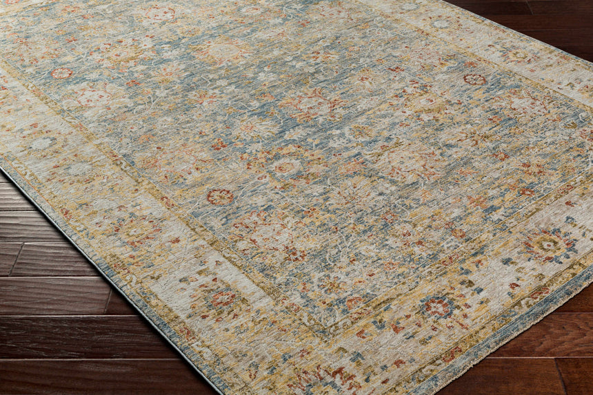 Duong Beige & Blue Textured Rug with Fringes