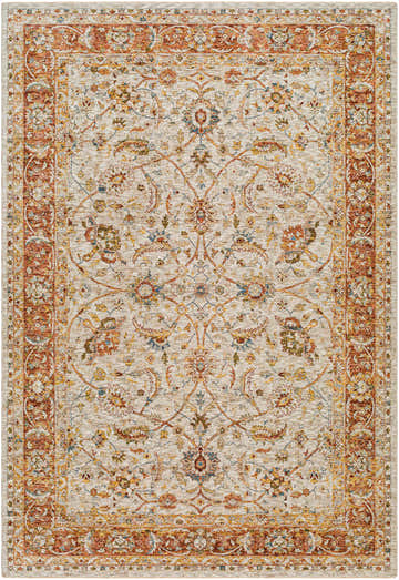 Close-up of the Dyan Cream Textured Rug, showcasing its brick red, blue, and mustard floral pattern and farmhouse style. Design-Rectangle-6796