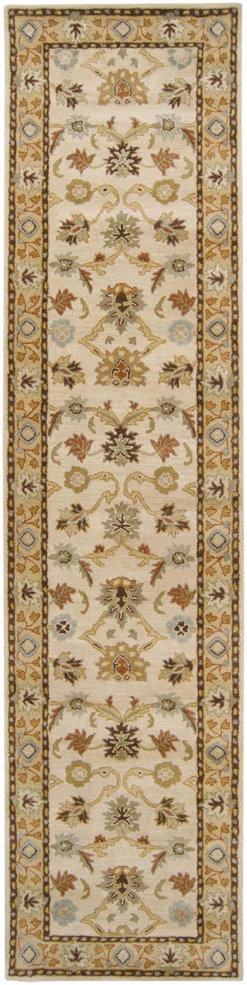 Hand tufted Smoot Area Rug. Beige wool runner with traditional floral and geometric pattern in brown, olive, and slate blue. Design-Runner-312