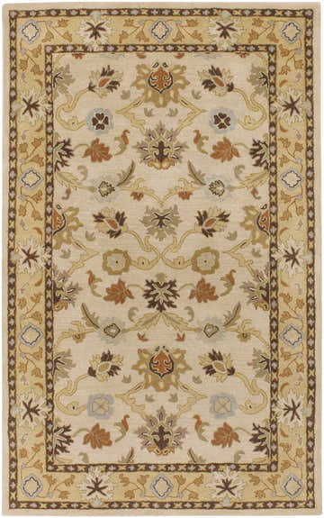 Detailed floral pattern on a beige Smoot Area Rug. Colors include brown, burnt orange, olive, and slate blue. Design-Rectangle-58