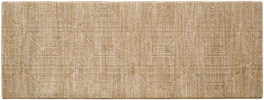 Close-up of the Dekan Tan Area Rug with a geometric diamond pattern and textured lambswool and light brown coloring. Design-Runner-2773