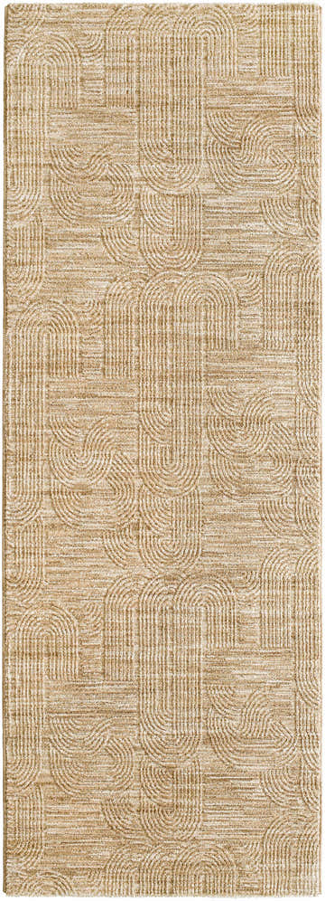 Close-up of the Harva Tan Area Rug featuring a geometric pattern with arches and lines in lambswool and light brown tones. Design-Runner-2773