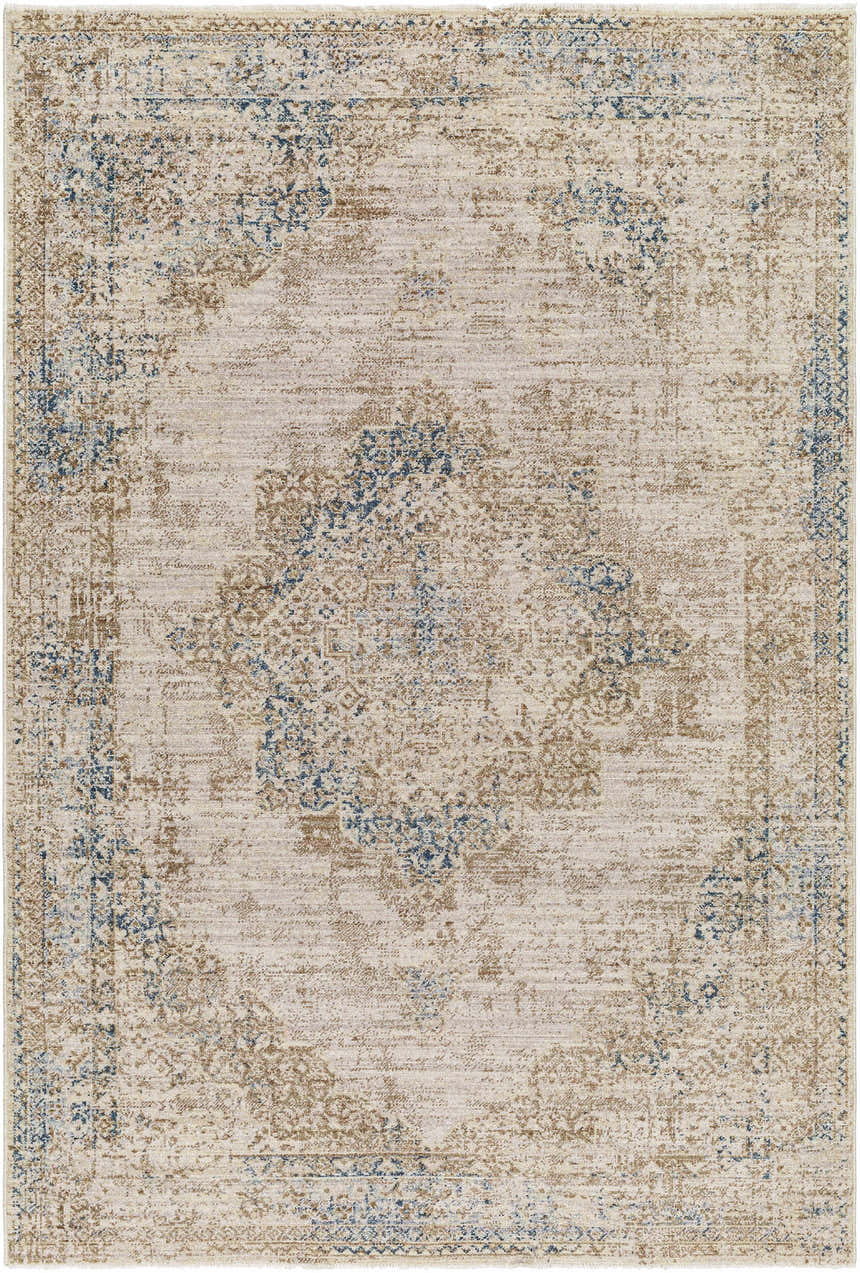 Close-up of the Kosta Beige & Blue Medallion Area Rug. Features a traditional, farmhouse style with beige and blue tones. Design-Rectangle-575
