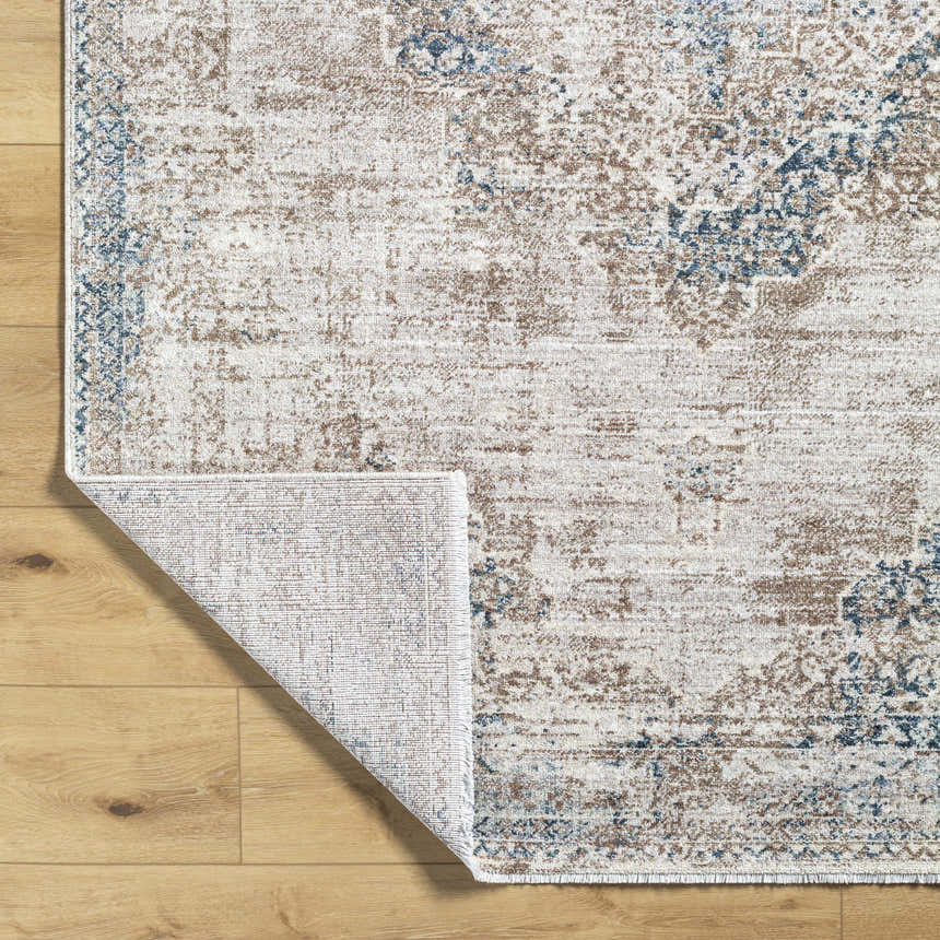 Close-up of the Kosta Beige & Blue Medallion Area Rug showing its traditional pattern, beige, blue, and texture. Fold
