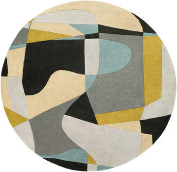 Round Sneedville Modern Wool Rug with a geometric design in beige, black, gray, yellow, and blue tones. Design-Round-8