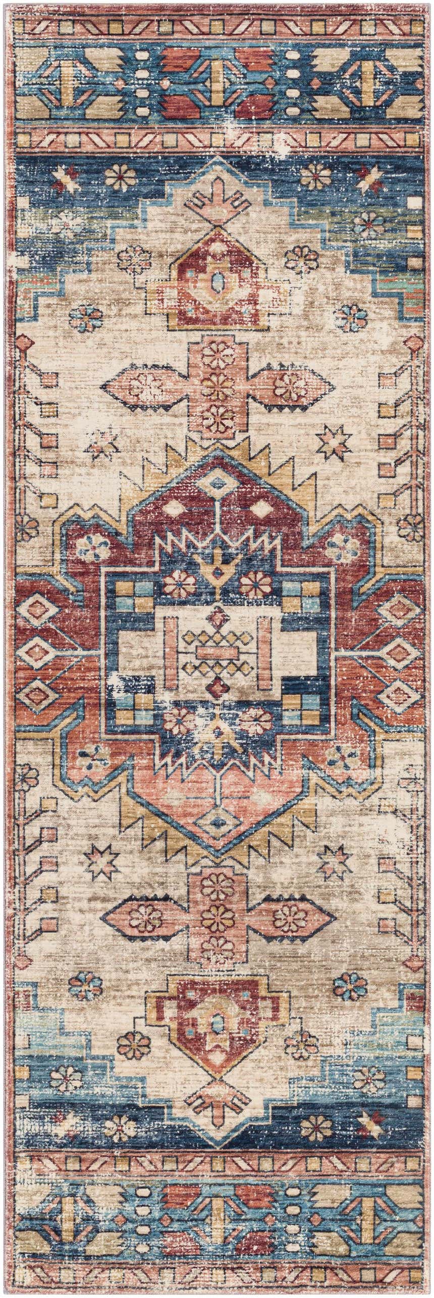 Detailed Snell Area Rug close-up. Traditional Southwestern design in amber, brick red, denim, and tan hues. Design-Runner-2676