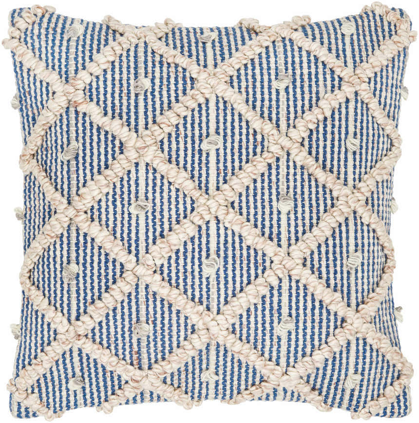 Brivan Blue and Ivory Tufted Diamond Lattice Cottage Recycled PET Yarn Outdoor Safe Accent Pillow - Clearance