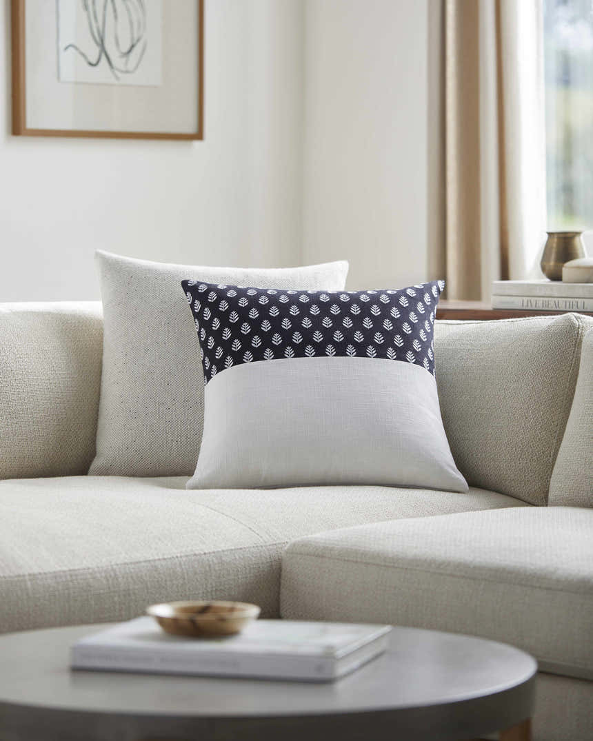 Arbex Black and Off White Botanical Color Block Modern Cotton Accent Pillow