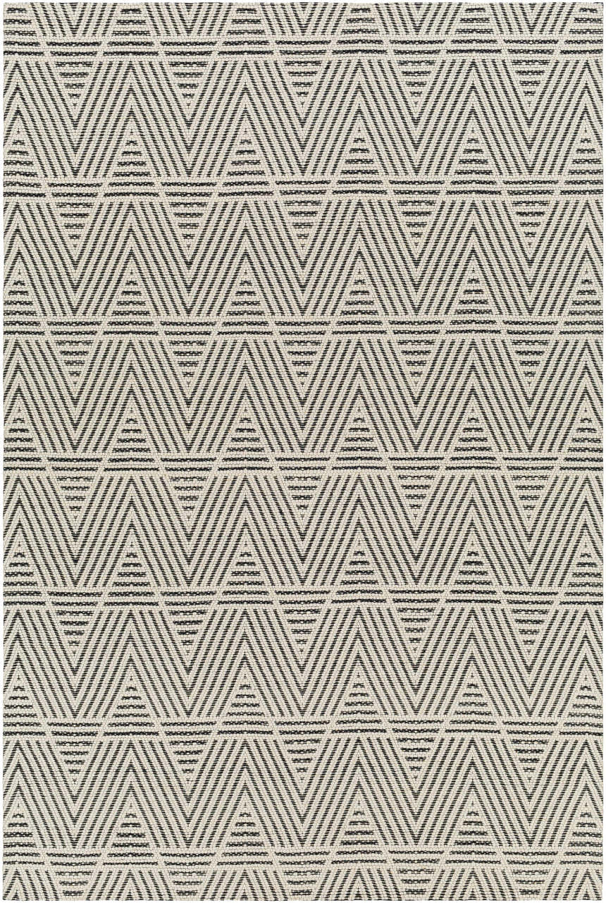 Close-up of the Dawid Wool Area Rug featuring a black and bone geometric triangle pattern. Hand-woven texture. Design-Rectangle-576
