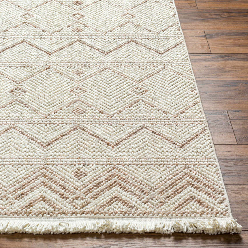 Close-up of the Armen Area Rug, a machine-woven rug in beige and cream with a geometric diamond pattern. Front