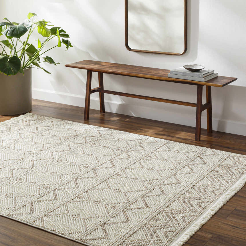 Entryway with Armen Area Rug, wood bench, mirror, and potted plant. Farmhouse style. Roomscene-Rectangle