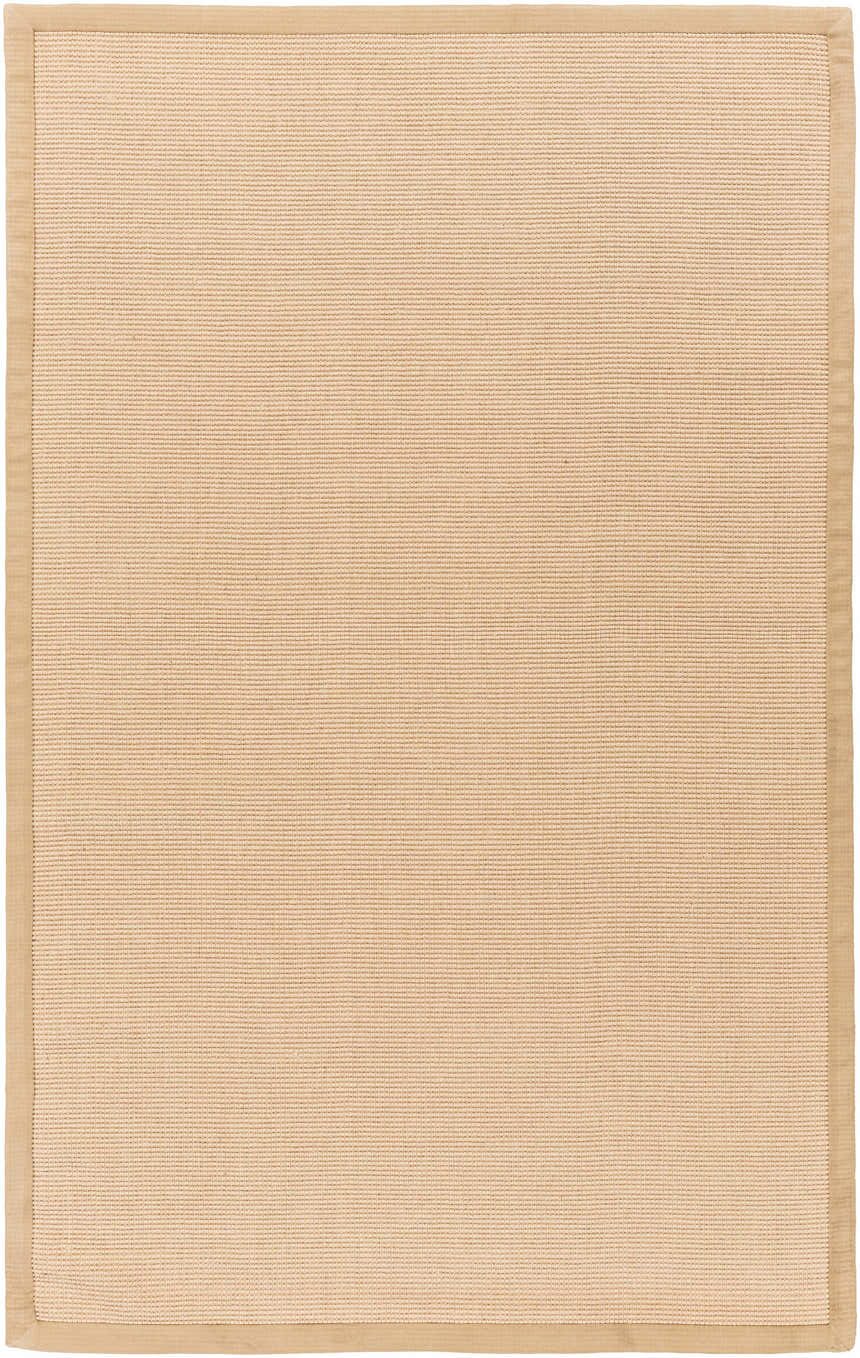 Close-up of the Nevis Jute Rug, a hand-woven rectangular rug in natural jute and tan, with a simple, textured design. Design-Rectangle-58