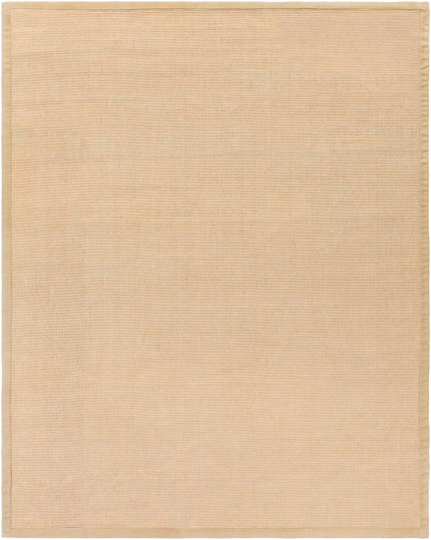 Close-up of the Nevis Jute Rug. Hand-woven rectangular rug in natural jute, mustard, and tan colors. Farmhouse style. Design-Rectangle-810