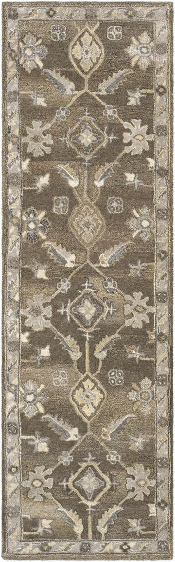 Close-up of the Solen Area Rug. Hand-tufted wool rug in brown, beige, and gray with a traditional oriental pattern. Design-Runner-268