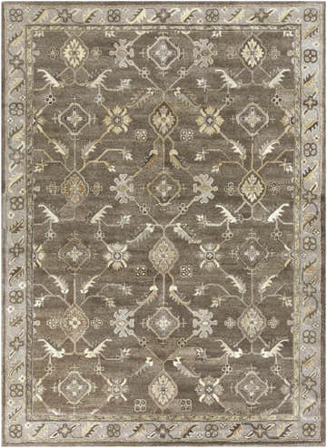 Detailed Solen Area Rug in brown wool with traditional floral and bird pattern. Hand-tufted construction. Design-Rectangle-811