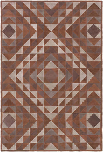 Close-up of the Somis Area Rug. Leather rug with geometric pattern in black, camel, and medium gray. Farmhouse style. Design-Rectangle-576