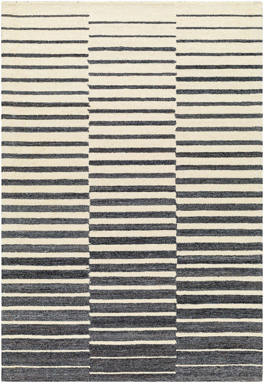 Close-up of the Gawel Charcoal Area Rug, featuring a contemporary striped pattern in beige and charcoal hues. Hand-tufted texture. Design-Rectangle-576