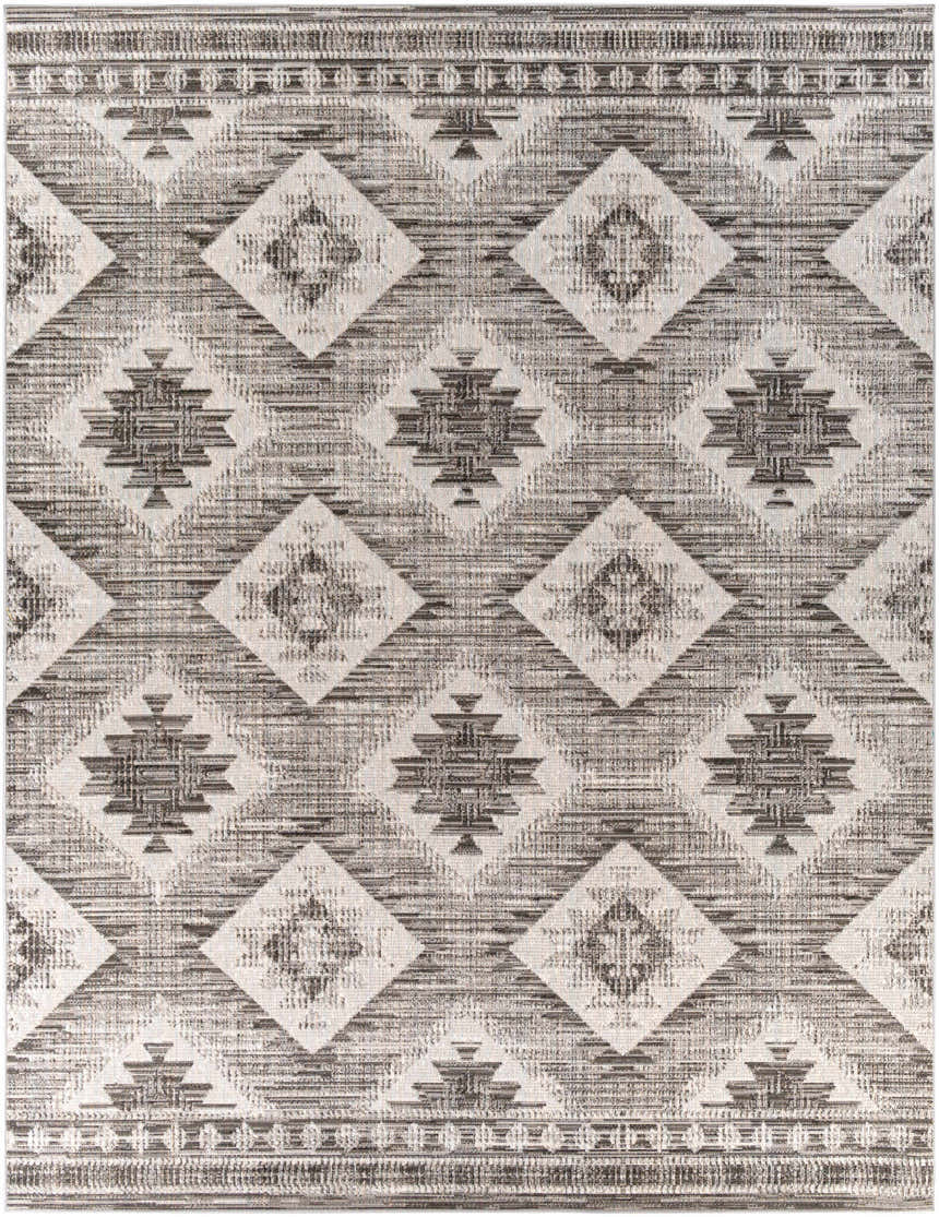 Close-up of Spade Area Rug. Black, light gray, and white rug with bohemian diamond pattern and woven texture. Design-Rectangle-710102