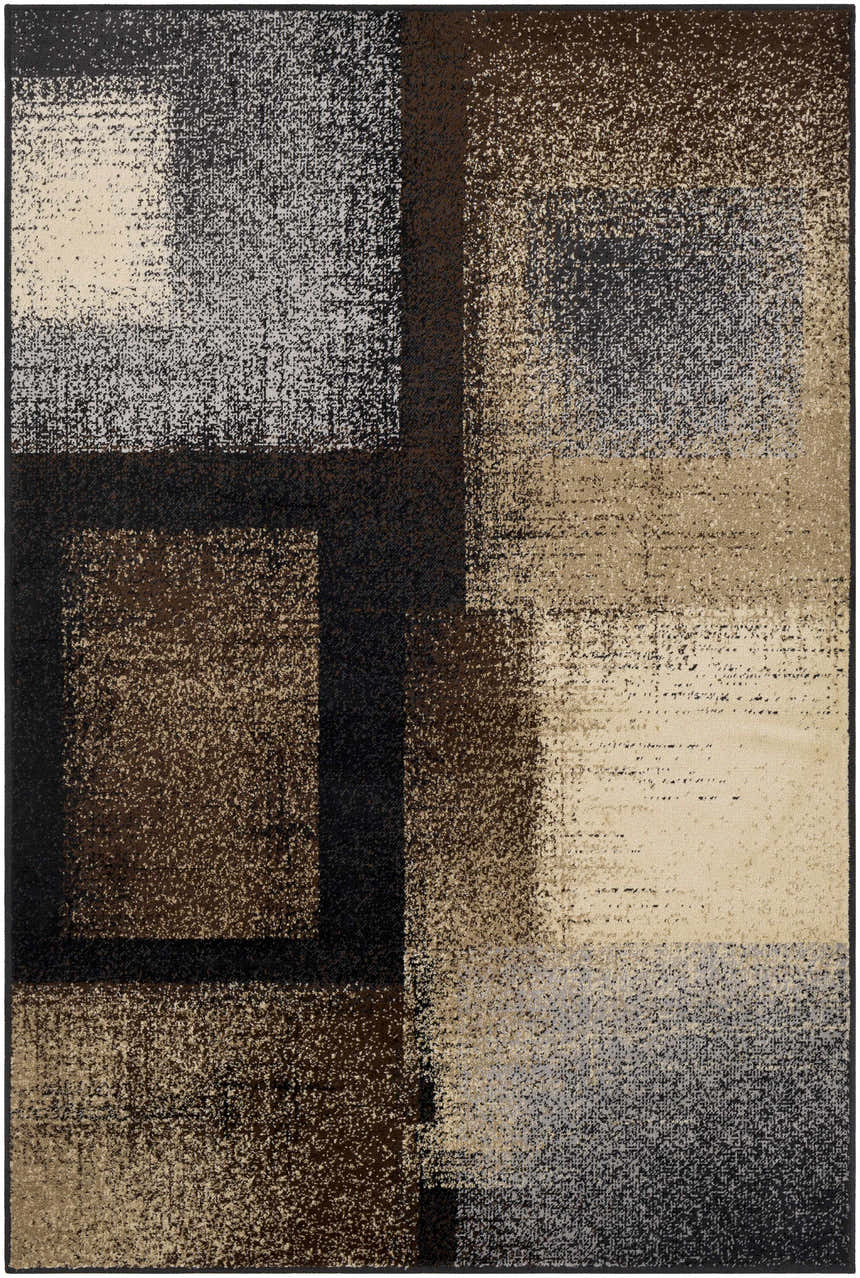 Spraggs Area Rug with a contemporary geometric design in black, charcoal, brown, beige, and gray. Design-Rectangle-5376