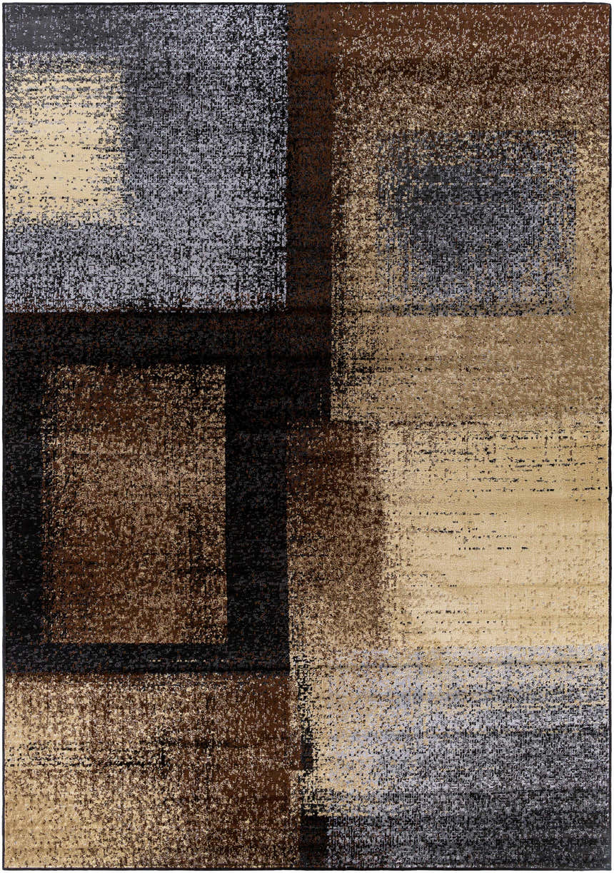 Abstract Spraggs Area Rug with geometric blocks in black, charcoal, brown, gray, light beige, and tan. Design-Rectangle-79112