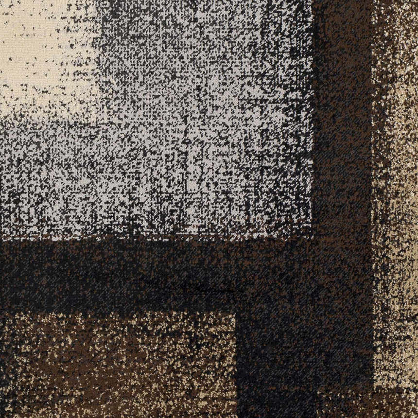 Close up of Spraggs Area Rug, a machine woven rug with black, brown, gray, and beige contemporary pattern. Swatch