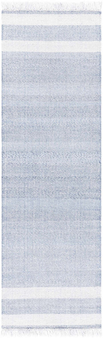 Close-up of the Loic Silver Blue Area Rug, featuring a woven texture and simple white stripes. Design-Runner-268