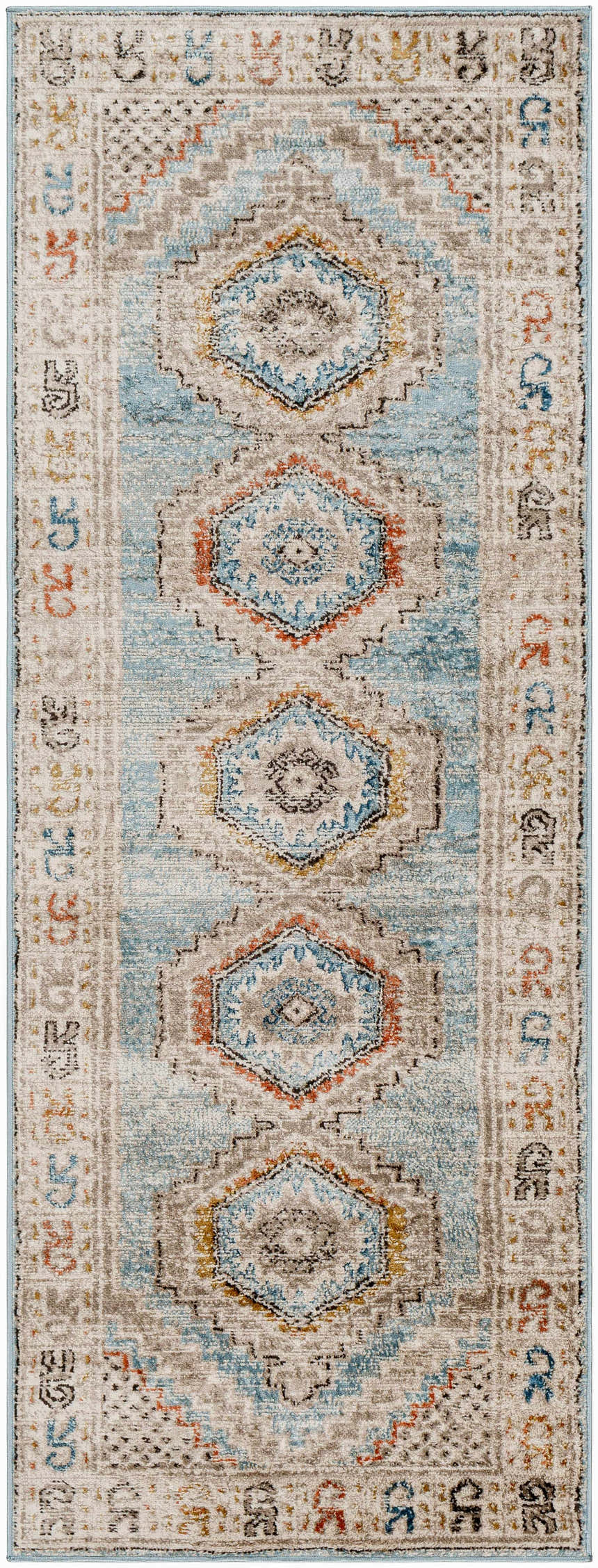 Close-up of Iresh Area Rug, a traditional runner rug with cloud gray, beige, and blue geometric patterns. Design-Runner-2773