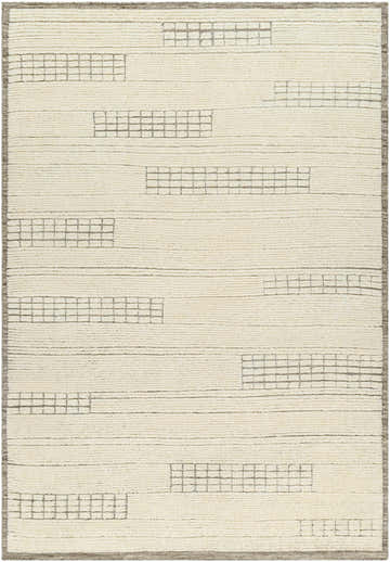 Hand-knotted Joren Area Rug. Cream wool rug with a modern grid pattern and subtle texture. Design-Rectangle