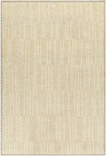 Close-up of the Karam Area Rug. Hand-knotted wool rug with a subtle, textured geometric pattern in neutral cream and beige tones. Design-Rectangle