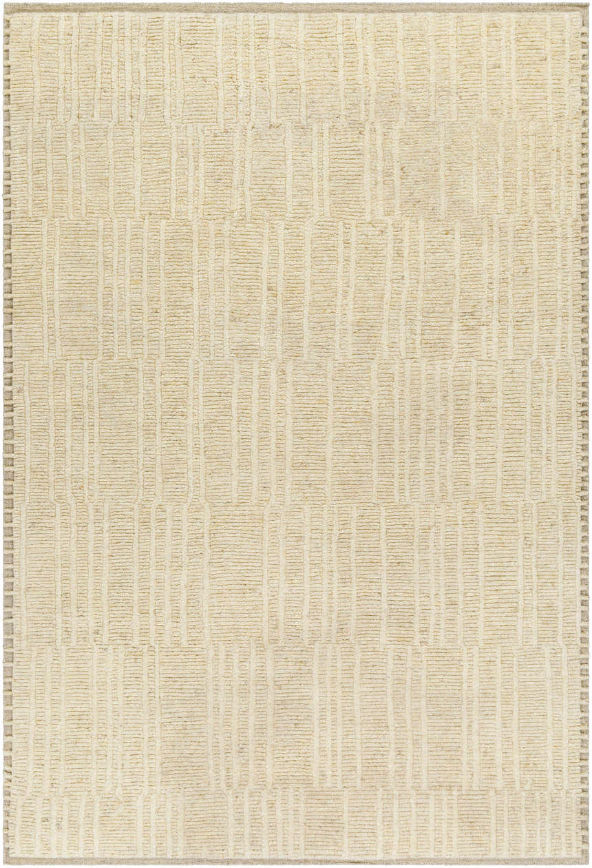Close-up of the Karam Area Rug. Hand-knotted wool rug with a subtle, textured geometric pattern in neutral cream and beige tones. Design-Rectangle