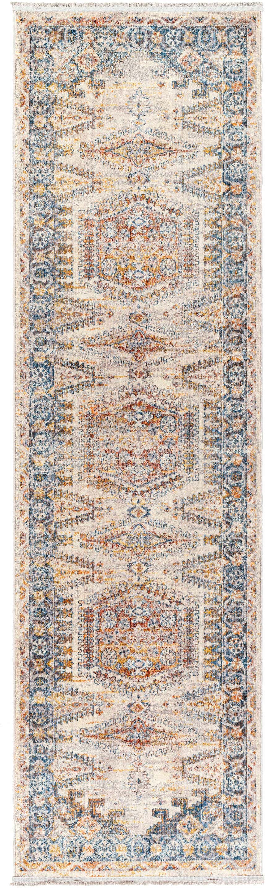 Close-up of the Espy Area Rug. Traditional oriental design in brick red, burnt orange, blue, and cream hues. Design-Runner-279