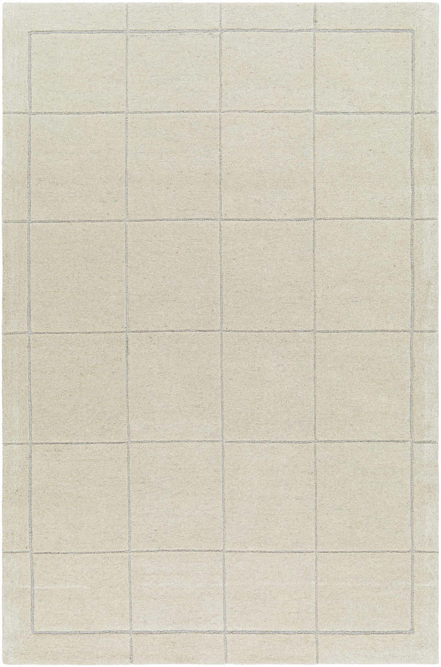 Close-up of a hand-tufted Siarl Cream Checkered Area Rug. Beige wool rug with a contemporary square pattern. Design-Rectangle-576