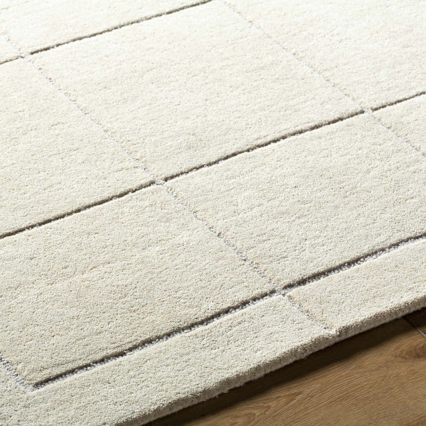 Close-up of the Siarl Cream Checkered Area Rug, a hand-tufted wool rug with a beige checkered pattern and subtle texture. Texture