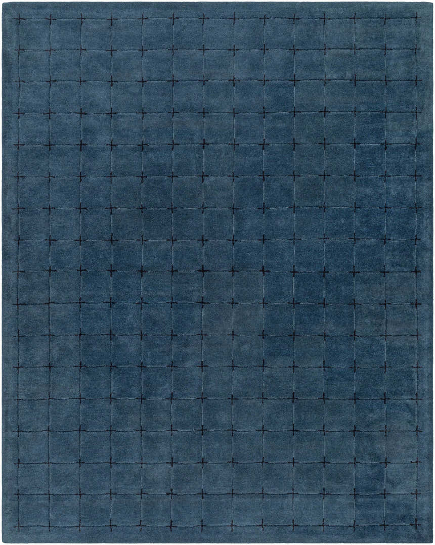 Close-up of the Sanvi Navy Wool Area Rug featuring a plus sign pattern on a textured, hand-tufted, rectangular rug. Design-Rectangle-810