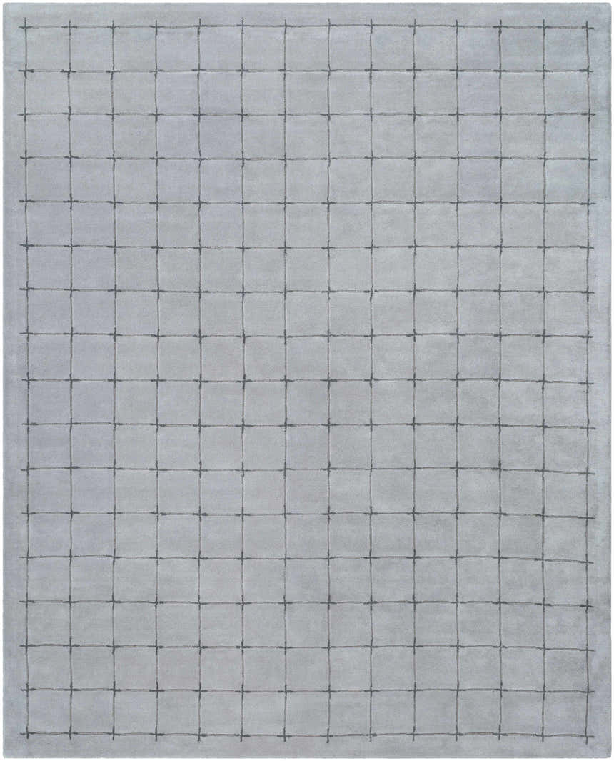 Close-up of the hand-tufted Sanvi Gray Area Rug. Features a subtle grid pattern in charcoal and gray wool. Design-Rectangle-810