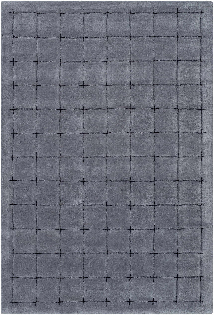 Close-up of the hand-tufted Sanvi Charcoal Area Rug. Soft, 100% wool rug with a contemporary black grid pattern on charcoal. Design-Rectangle-576