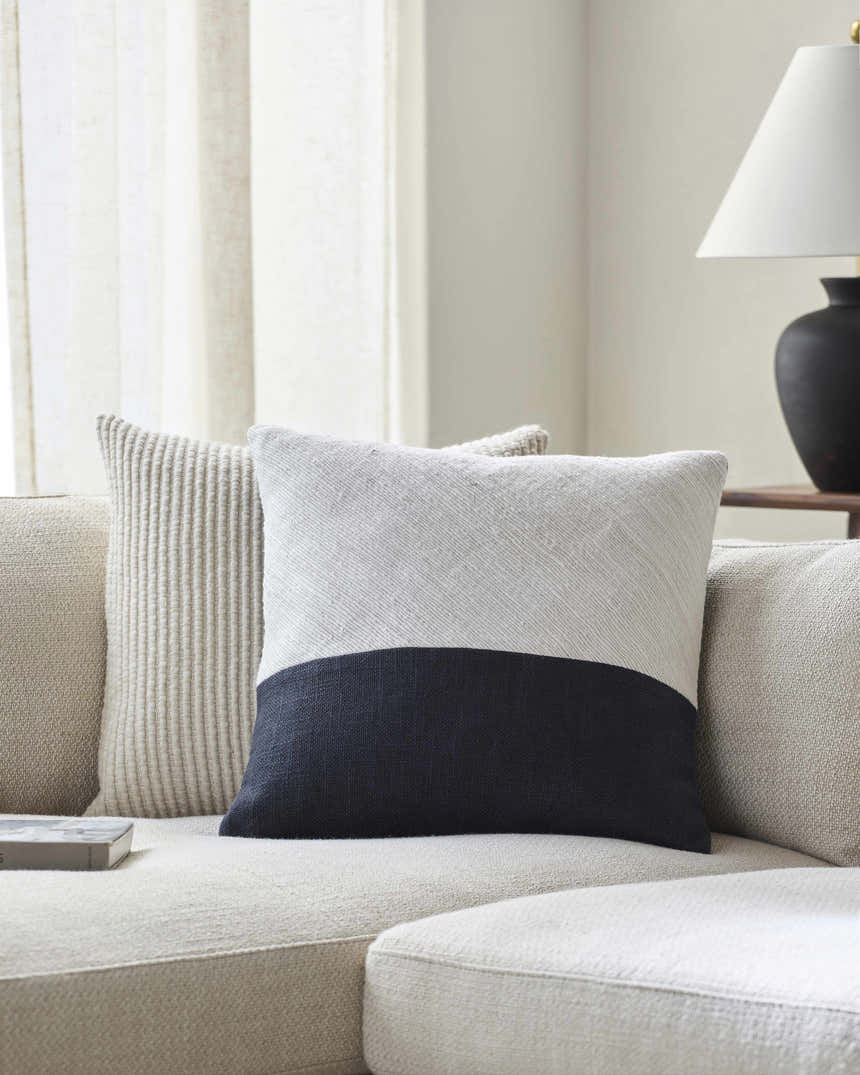 Navelle White and Navy Split Panel Mixed Pattern Modern Linen Accent Pillow - Clearance