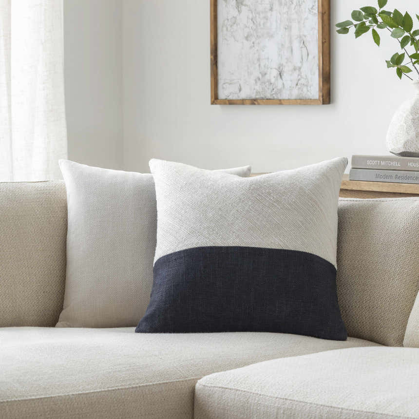 Navelle White and Navy Split Panel Mixed Pattern Modern Linen Accent Pillow - Clearance