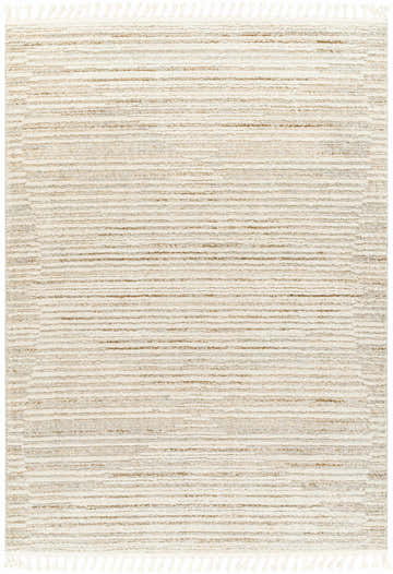 Close up of the Levy Beige Area Rug showing a horizontal striped pattern and tasseled edges. Design-Rectangle-537