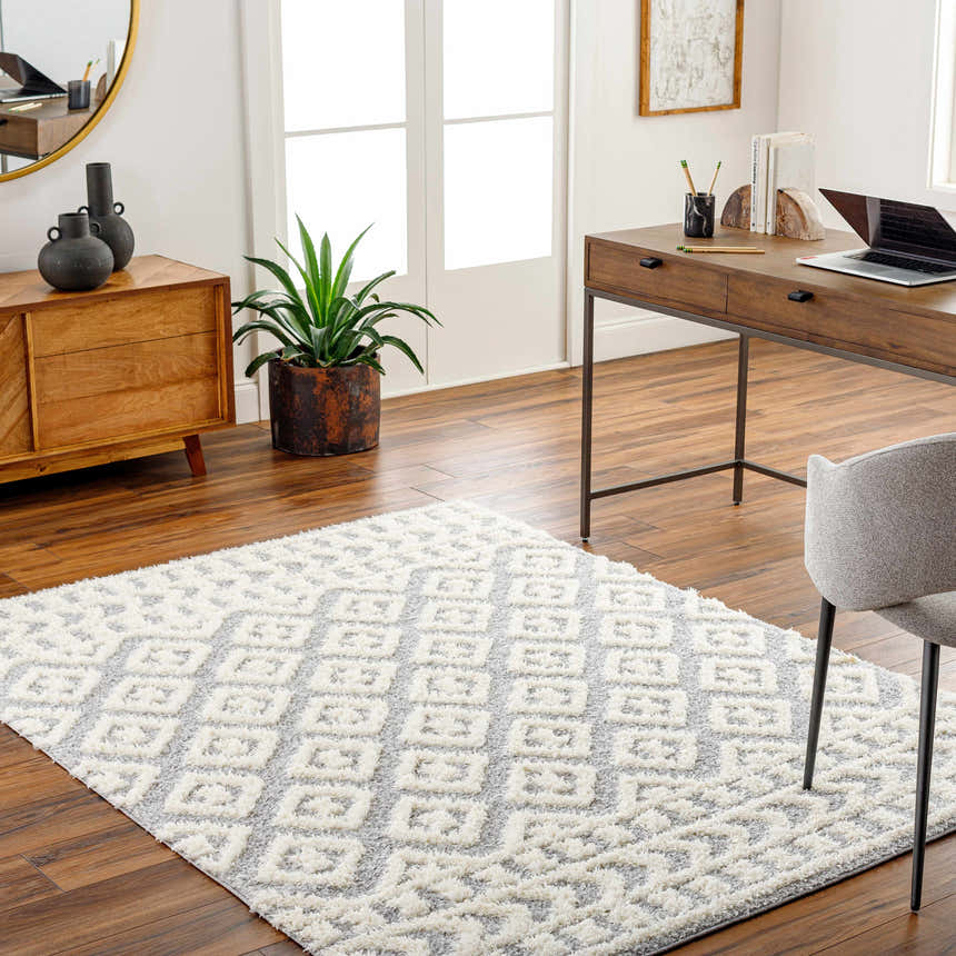 Home office with a Felix Gray Plush Area Rug. Beige and gray shag rug under a wooden desk. Roomscene-Rectangle