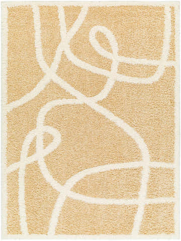 Close-up of Gilon Camel Plush Area Rug showing shag texture and cream abstract line pattern on a camel background. Design-Rectangle-537