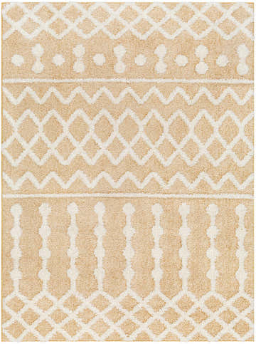 Close-up of the Ilyas Camel Plush Area Rug. Beige shag rug with a geometric bone pattern and plush texture. Design-Rectangle-537