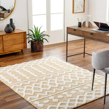 Home office with wood desk and Ilyas Camel Plush Area Rug. Beige and white shag rug adds texture to the contemporary space. Roomscene-Rectangle