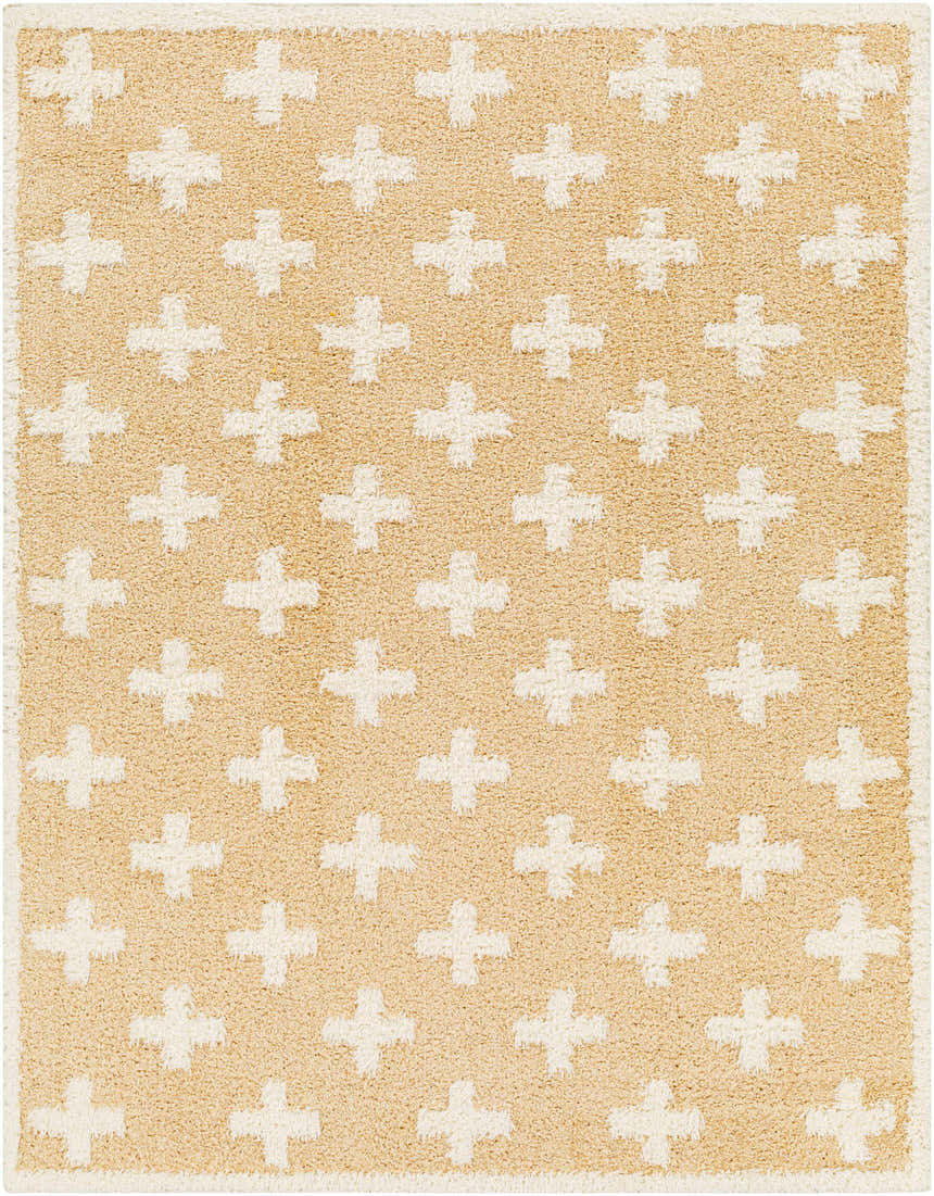 Close-up of the Satu Beige Area Rug. Shag rug with a geometric Moroccan plus sign pattern in beige and white. Design-Rectangle-537