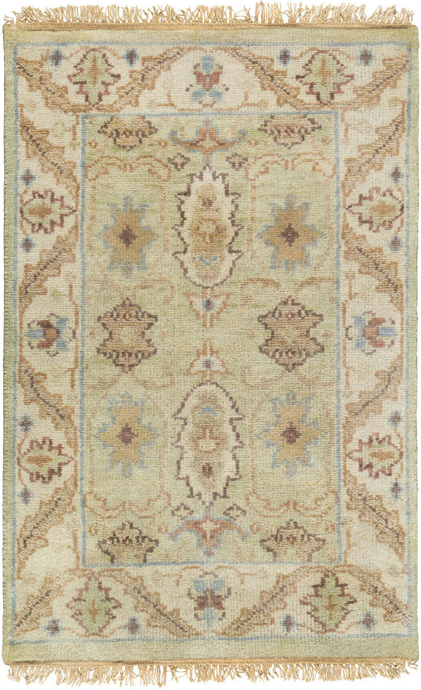 Close-up of the Sargeant Area Rug, a hand-knotted rectangle rug in light sage, tan, and brown with a traditional farmhouse pattern. Design-Rectangle-23